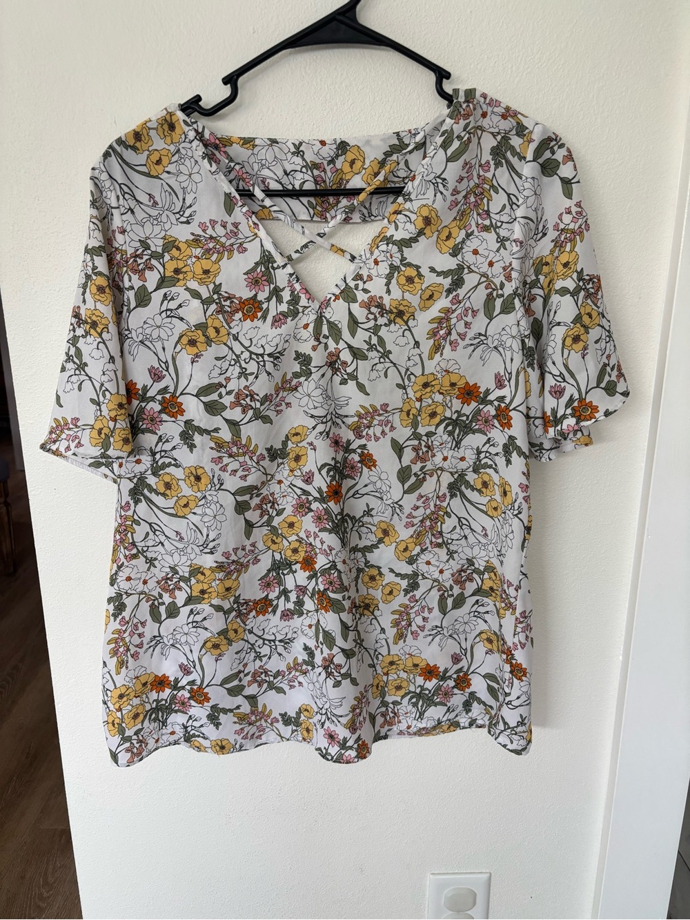 Daytrip White Floral V-Neck Top with Yellow & Olive Accents